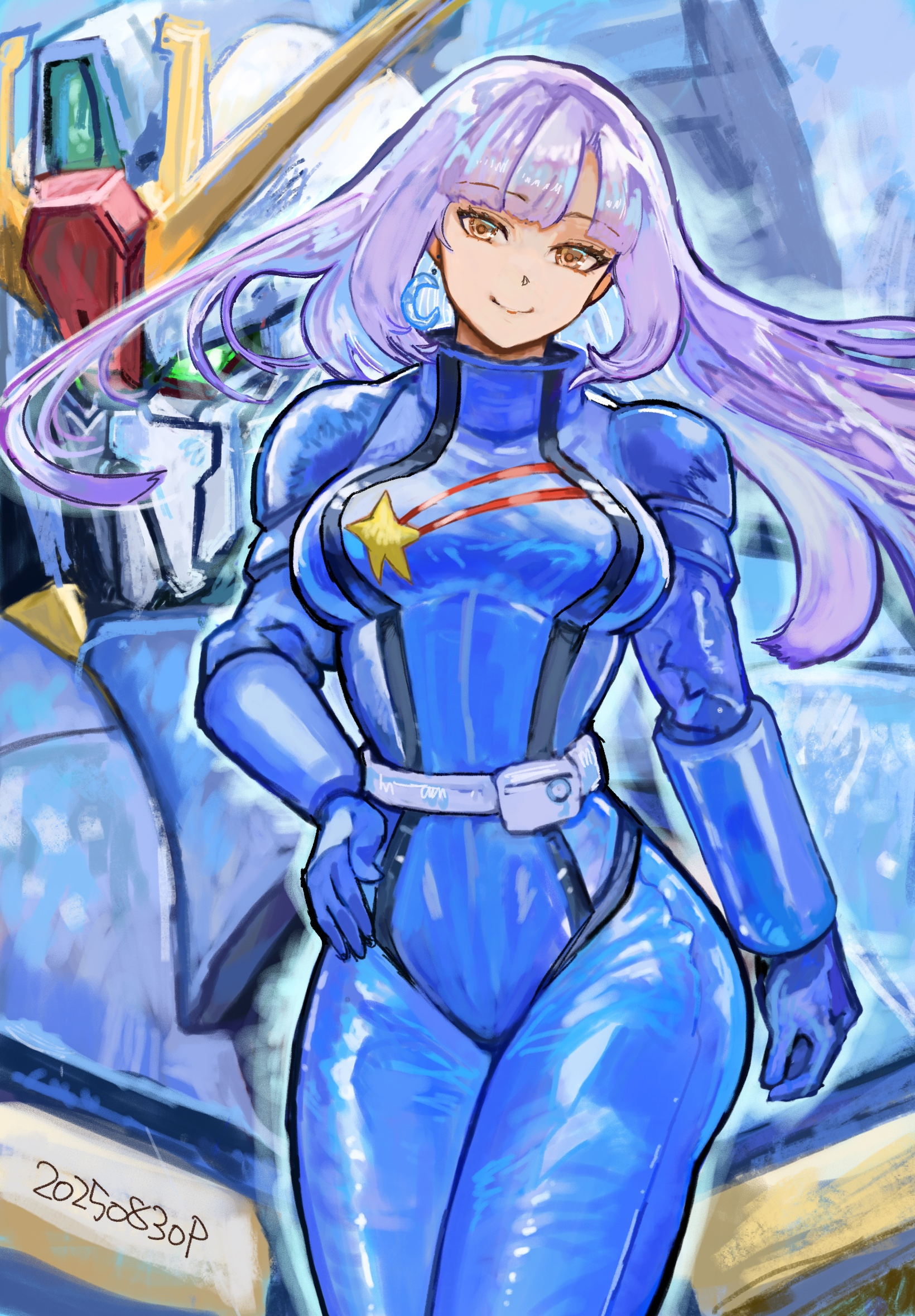 okrdisk2000, roux louka, gundam, gundam zz, commentary request, highres, revision, 1girl, 2025, aeug, arm at side, blue bodysuit, blue hair, bodysuit, breasts, closed mouth, colored inner hair, cowboy shot, dated, floating hair, green eyes, hand on own hip, long hair, looking at viewer, mecha, mecha pilot suit, medium breasts, mobile suit, multicolored hair, normal suit (gundam), purple hair, robot, science fiction, signature, skin tight, smile, spacesuit, standing, star (symbol), star print, two-tone hair, v-fin, yellow eyes
