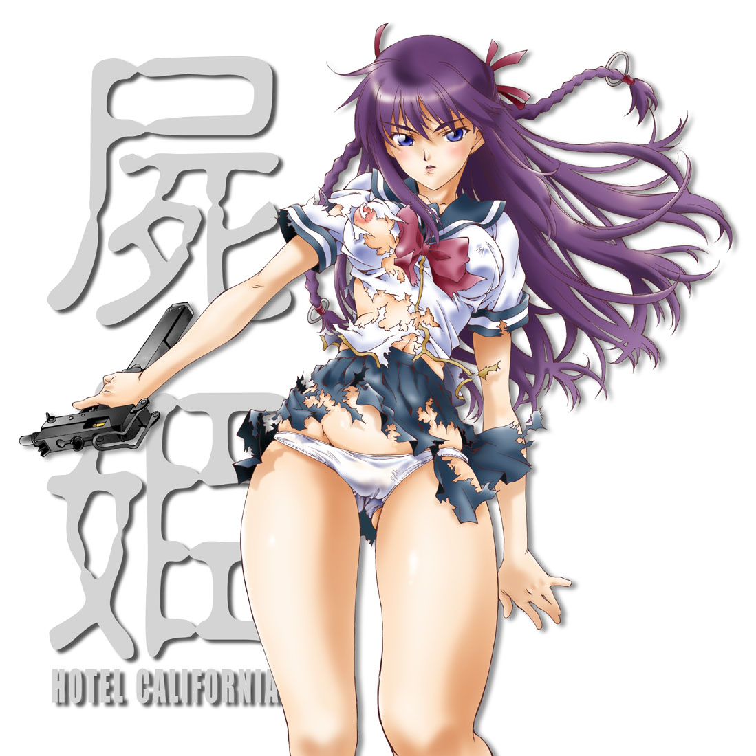 natsuno suika, hoshimura makina, shikabane hime, machine pistol, 1girl, braid, breasts, cameltoe, female focus, groin, gun, long hair, mac-10/11, medium breasts, miniskirt, nipple slip, nipples, panties, purple hair, school uniform, serafuku, skirt, solo, submachine gun, torn clothes, underwear, weapon, white panties
