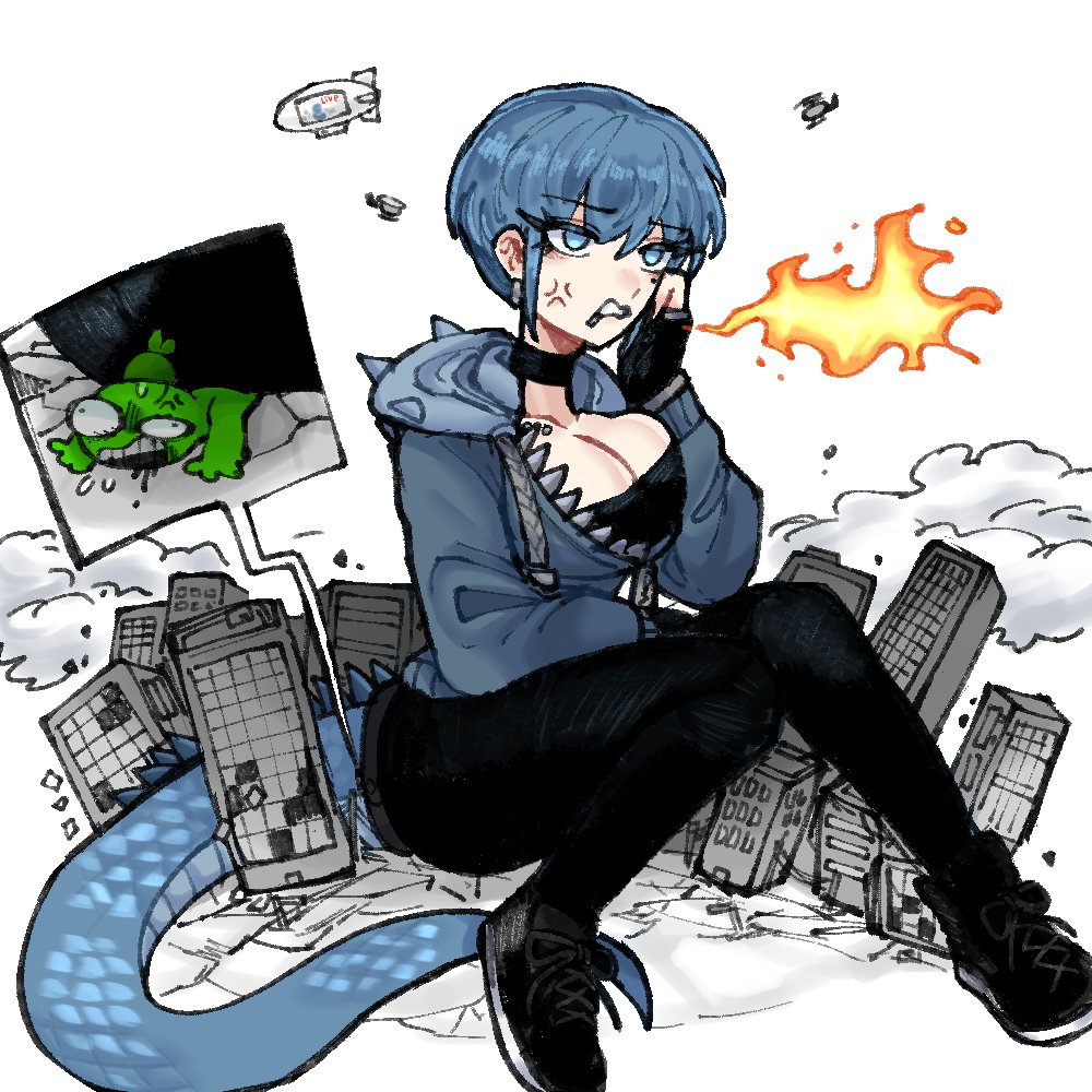 oligogi meoggosipda, commentary, 1boy, 1girl, black choker, black pants, blue eyes, blue hair, blue hoodie, breasts, choker, cigarette, city, colored skin, earrings, giant, green skin, hood, hoodie, jewelry, kame-chan (oligogi meoggosipda), lizard tail, monster girl, pants, short hair, smoke, solo, tail