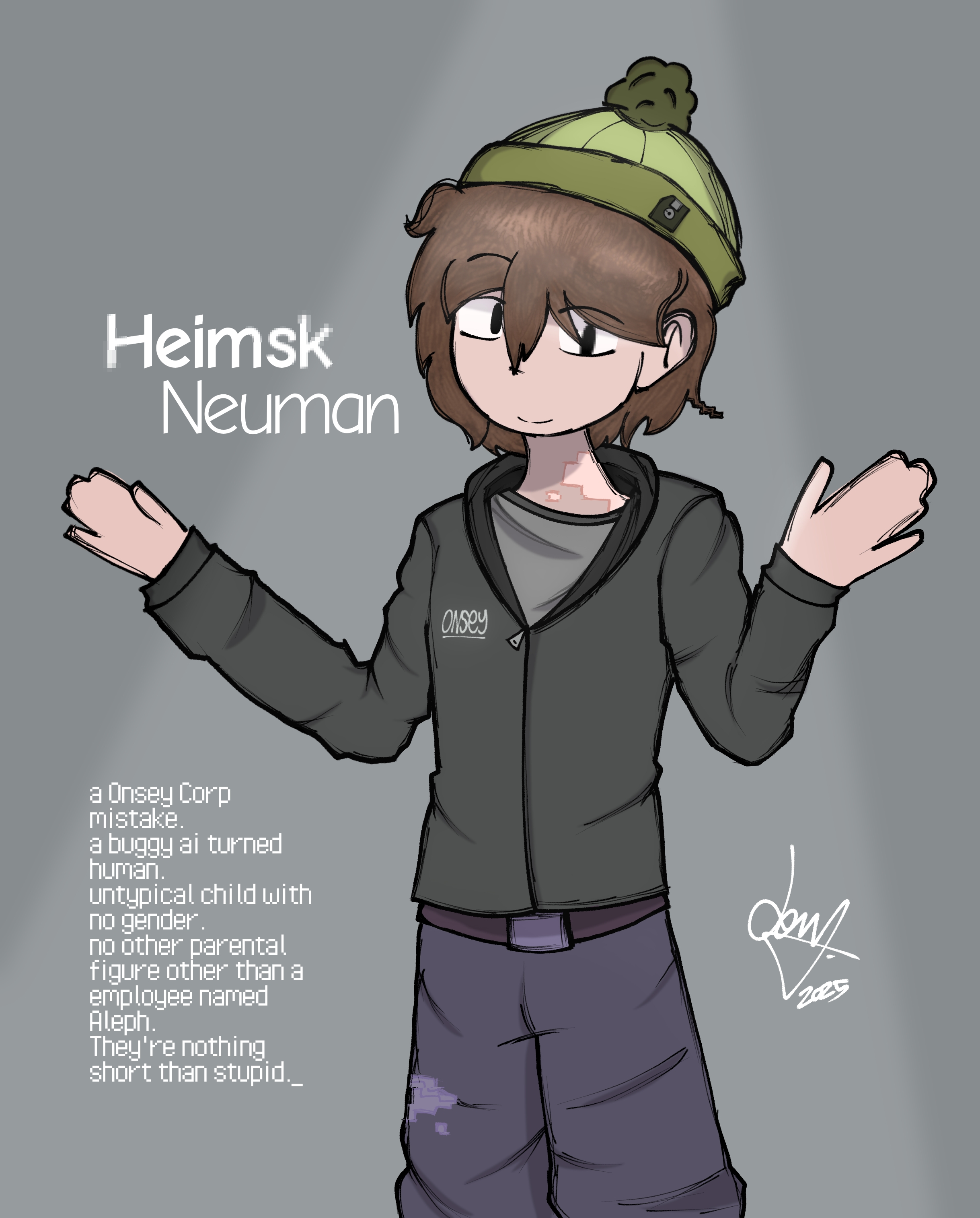 original, absurdres, highres, ibispaint (medium), non-web source, 1other, brown hair, cowboy shot, david maier (artist), grey jacket, heimsk neuman, jacket, lazy eye, short hair, simple background, smile, solo