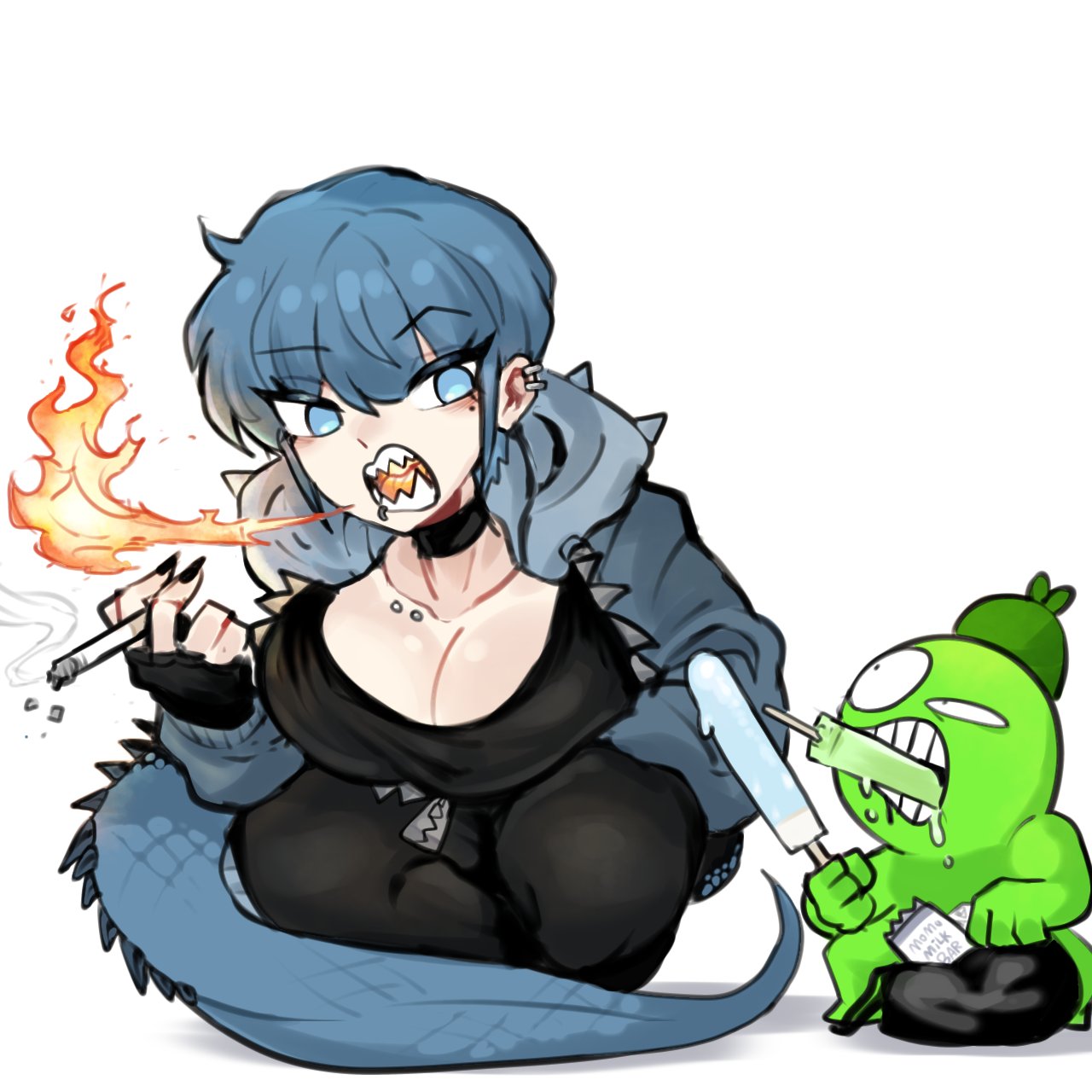 oligogi meoggosipda, commentary request, highres, korean commentary, 1boy, 1girl, black choker, black pants, blue eyes, blue hair, blue hoodie, breasts, choker, cigarette, earrings, fire, food, hood, hoodie, ice cream, jewelry, kame-chan (oligogi meoggosipda), lizard tail, monster girl, pants, popsicle, short hair, smoke, tail, white background