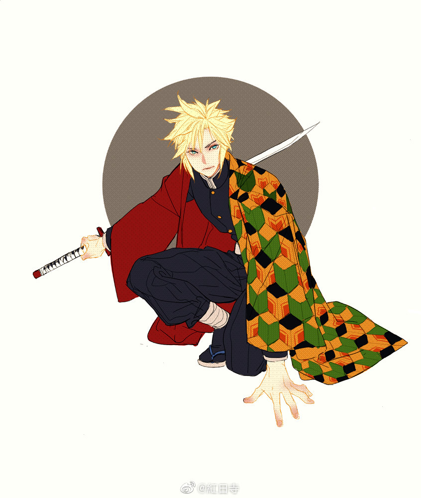 elna, cloud strife, tomioka giyuu, final fantasy, kimetsu no yaiba, chinese commentary, commentary request, 1boy, black pants, blonde hair, blue eyes, cosplay, holding, holding sword, holding weapon, pants, short hair, simple background, solo, sword, voice actor connection, weapon