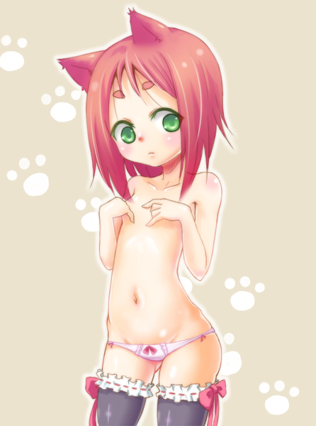 hato (hatoya), original, 1girl, animal ears, cat ears, covering breasts, covering privates, female focus, flat chest, green eyes, loli, lowleg, lowleg panties, navel, panties, red hair, short hair, solo, thighhighs, topless female, underwear, underwear only