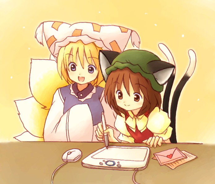 eijima moko, chen, yakumo ran, touhou, wacom, bad id, bad pixiv id, 2girls, computer mouse, drawing tablet, female focus, gradient background, graphics tablet, hat, letter, multiple girls, upper body