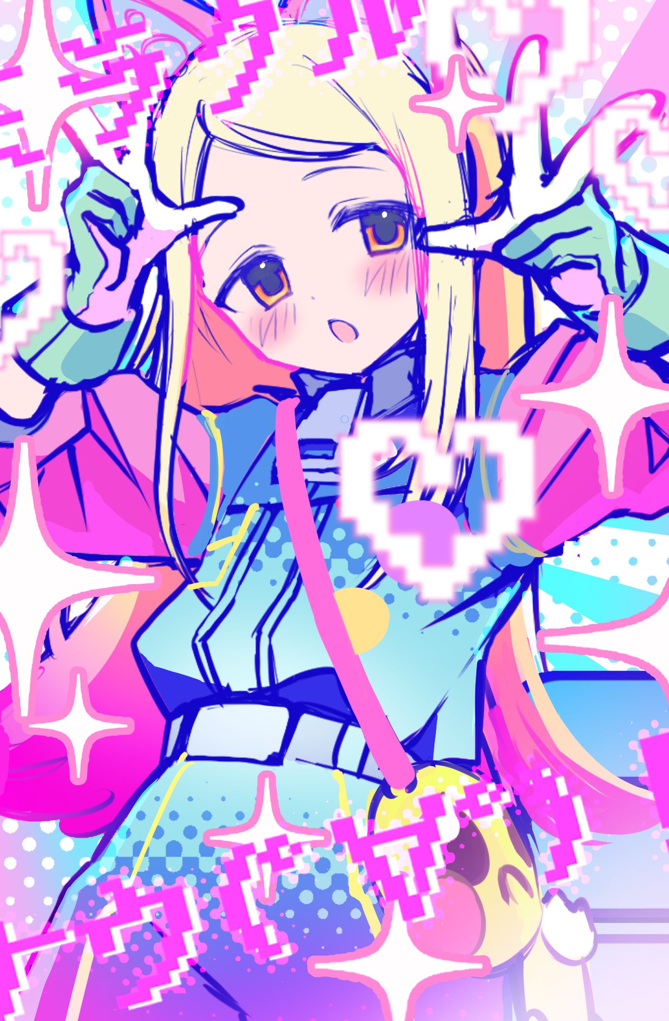 mitorizu 02, shinosawa hiro, gakuen idolmaster, idolmaster, commentary request, highres, 1girl, animal ear headphones, animal ears, arms up, bag, belt, blonde hair, blue jacket, blush, cat ear headphones, cat ears, emoticon, fake animal ears, gloves, headphones, heart, jacket, kaomoji, long hair, orange eyes, parted lips, pink sleeves, pixel art, shoulder bag, simple background, solo, sparkle, white gloves