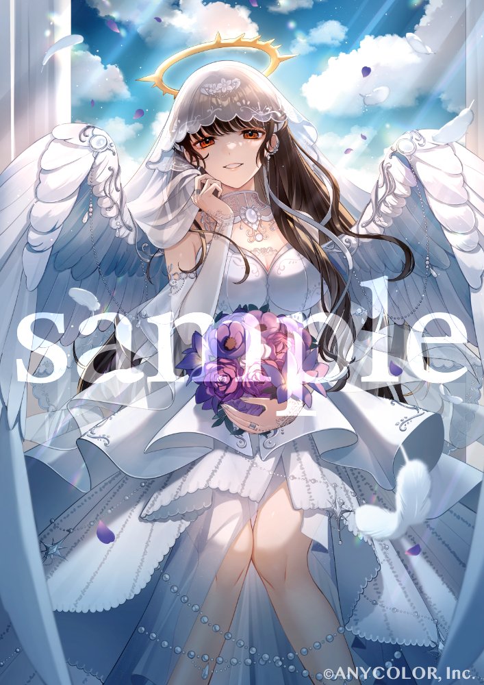 naruka (ynarukay), shirayuki tomoe, shirayuki tomoe (angel), nijisanji, commentary request, official art, 1girl, angel wings, black hair, breasts, cleavage, cloud, company name, copyright notice, dress, flower, halo, holding, large breasts, looking at viewer, official alternate costume, official alternate hairstyle, petals, purple flower, red eyes, sample watermark, sky, solo, veil, virtual youtuber, watermark, white dress, white veil, wings, yellow halo
