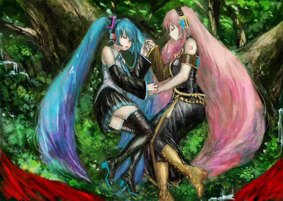 ponsuke (pon00000), hatsune miku, megurine luka, vocaloid, bad id, bad pixiv id, 2girls, aqua hair, black thighhighs, boots, closed eyes, headset, legs, lips, long hair, multiple girls, necktie, pink hair, skirt, thigh boots, thighhighs, twintails, very long hair
