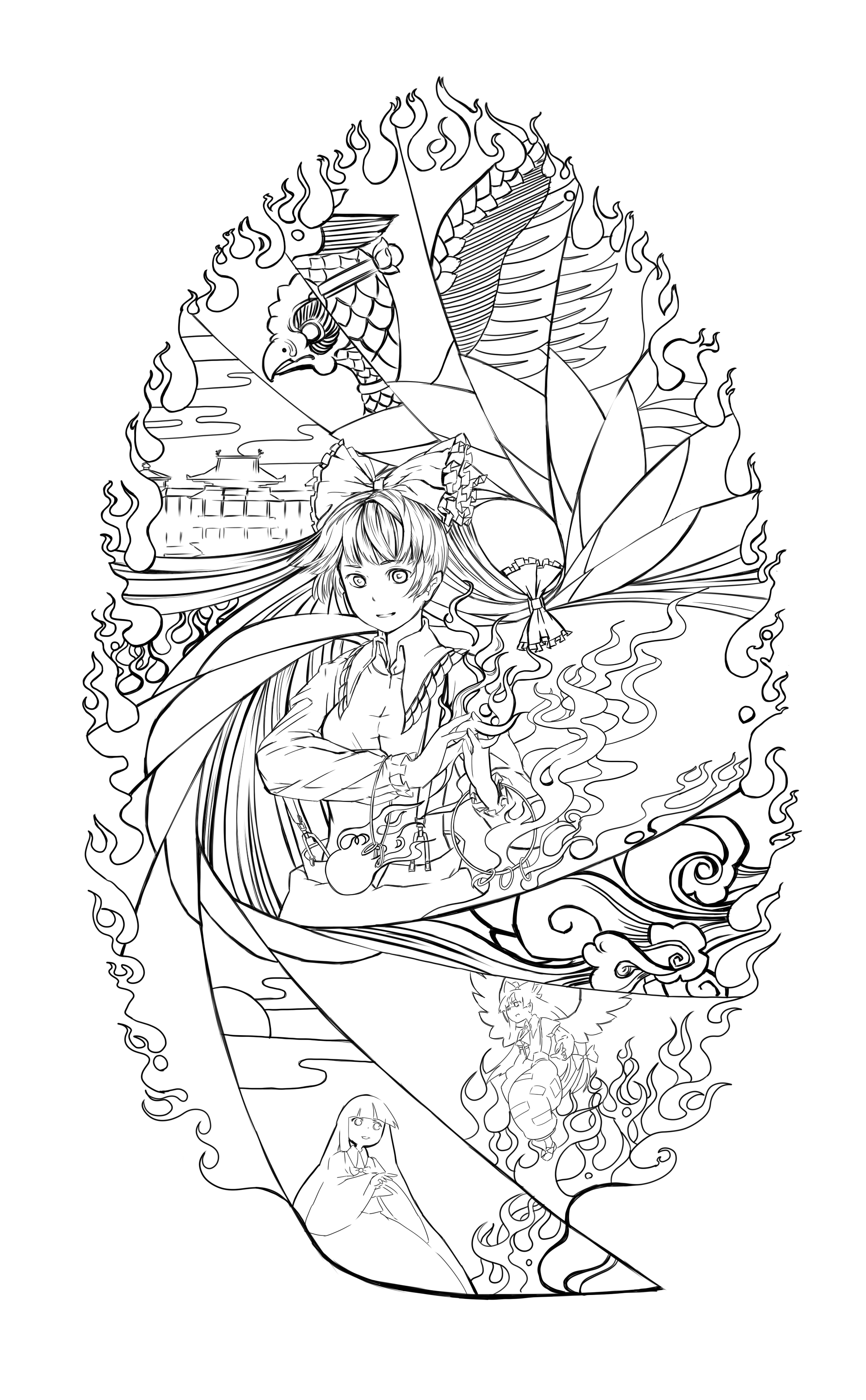 suzuki ritsu, fujiwara no mokou, houraisan kaguya, touhou, absurdres, highres, 2girls, female focus, greyscale, lineart, monochrome, multiple girls, sky, white background