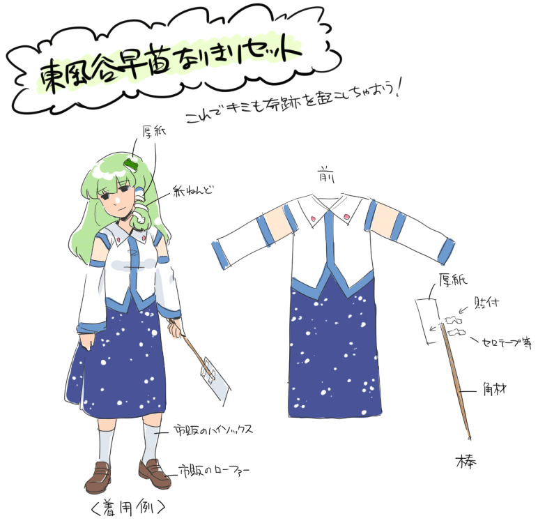 mitsumoto jouji, kochiya sanae, touhou, clothes, translation request, 1girl, empty eyes, female focus, gohei, green hair, oonusa, wide sleeves