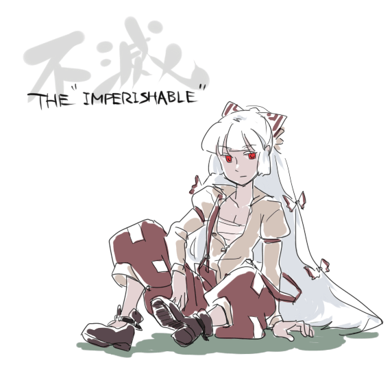 mitsumoto jouji, fujiwara no mokou, touhou, silver hair, 1girl, bow, breasts, cleavage, female focus, full body, hair bow, hair ribbon, long hair, long sleeves, open clothes, open shirt, pants, red eyes, ribbon, sarashi, shirt, shoes, simple background, sitting, solo, suspenders, very long hair, white background