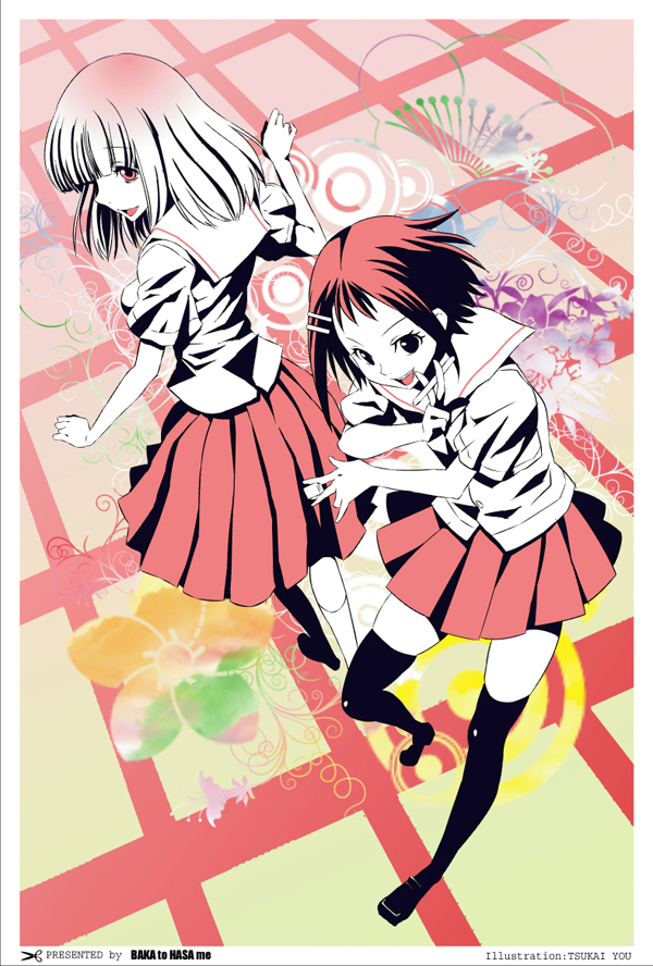 tsukai yowo, fukuji mihoko, ikeda kana, saki (manga), bad id, bad pixiv id, 2girls, black eyes, black hair, black thighhighs, blonde hair, board game, flower, hair ornament, hairclip, mahjong, multiple girls, pleated skirt, red eyes, school uniform, skirt, tenbou, thighhighs, zettai ryouiki