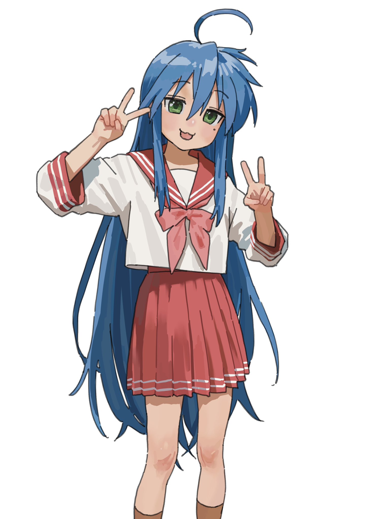 h4sh1rnoto, izumi konata, lucky star, commentary request, highres, 1girl, :3, ahoge, brown socks, cowboy shot, double-parted bangs, double v, green eyes, hair between eyes, hands up, kneehighs, knees, legs, long hair, looking at viewer, mole, mole under eye, neckerchief, open mouth, pleated skirt, red neckerchief, red sailor collar, red skirt, ryouou school uniform, sailor collar, school uniform, serafuku, shirt, skirt, socks, solo, striped clothes, v, very long hair, white background, white shirt