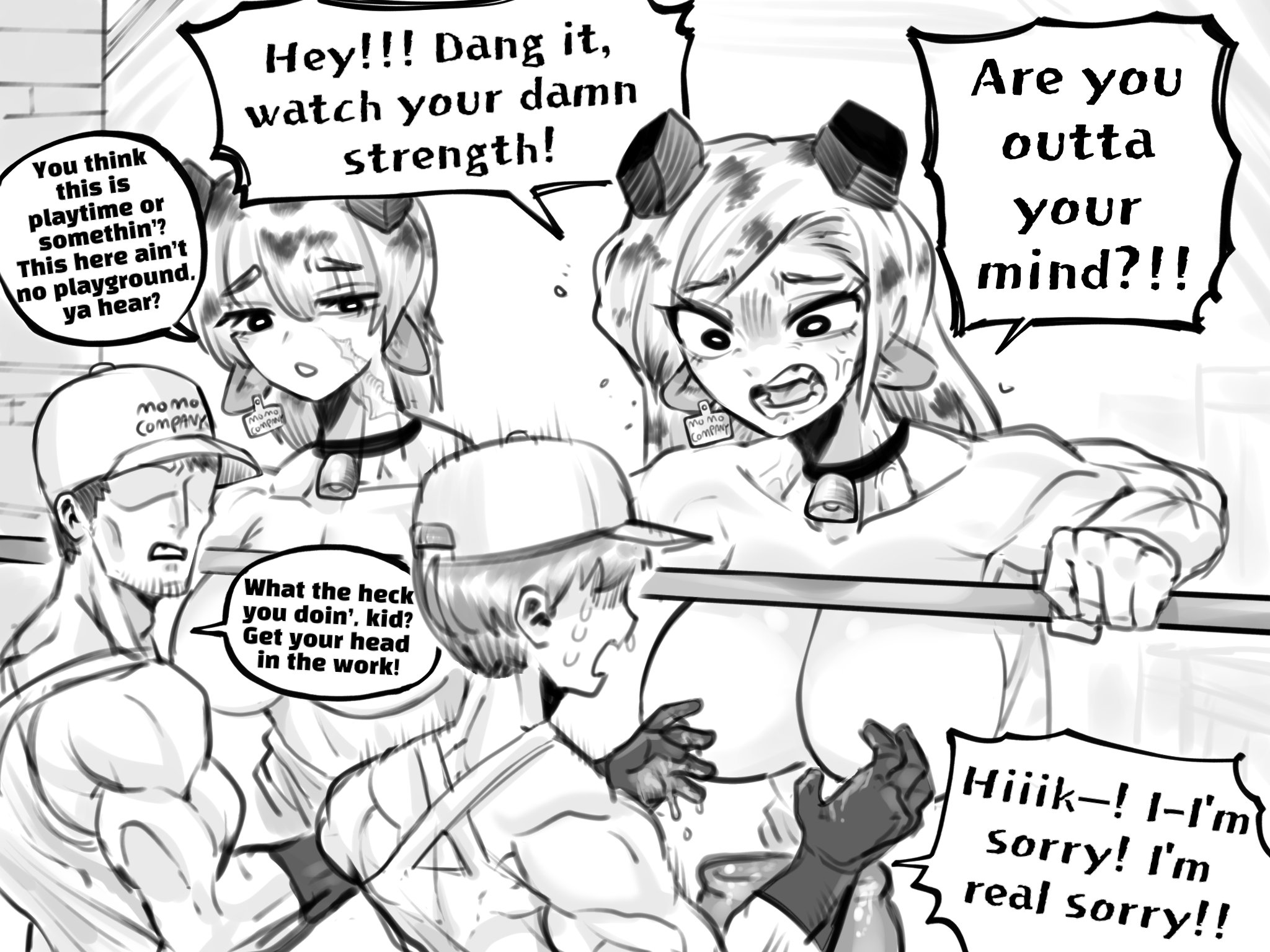 oligogi meoggosipda, commentary, english commentary, highres, 2boys, 2girls, animal ears, bell, breasts, cow ears, cow girl, cow horns, cowbell, english text, greyscale, horns, jacket, large breasts, minotaur, monochrome, monster girl, multiple boys, multiple girls, muscular, muscular female, muscular male, open clothes, open jacket
