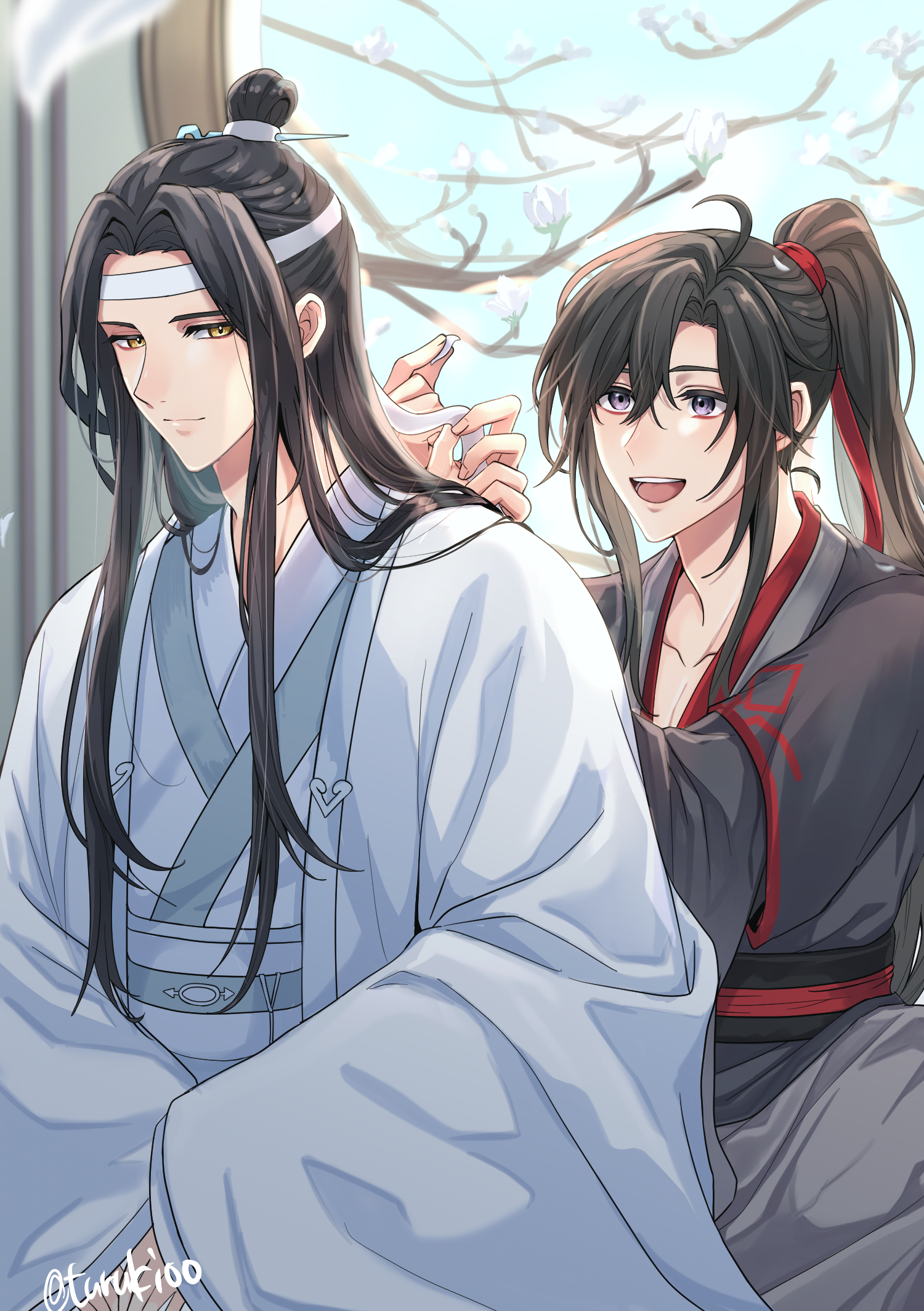 lan wangji, wei wuxian, modao zushi, commentary request, highres, 2boys, :d, ahoge, aslle, bishounen, black hair, black hanfu, blue sash, branch, chinese clothes, closed mouth, couple, dated, day, falling petals, flower, hair between eyes, hair ribbon, hanfu, headband, high ponytail, holding, holding petal, holding ribbon, indoors, long hair, long sleeves, looking at another, looking at viewer, male focus, multiple boys, open mouth, petals, ponytail, purple eyes, red ribbon, red sash, ribbon, robe, sash, sidelocks, sitting, smile, topknot, twitter username, white flower, white hanfu, white headband, white petals, wide sleeves, window, xiao guan (headdress), yaoi, yellow eyes
