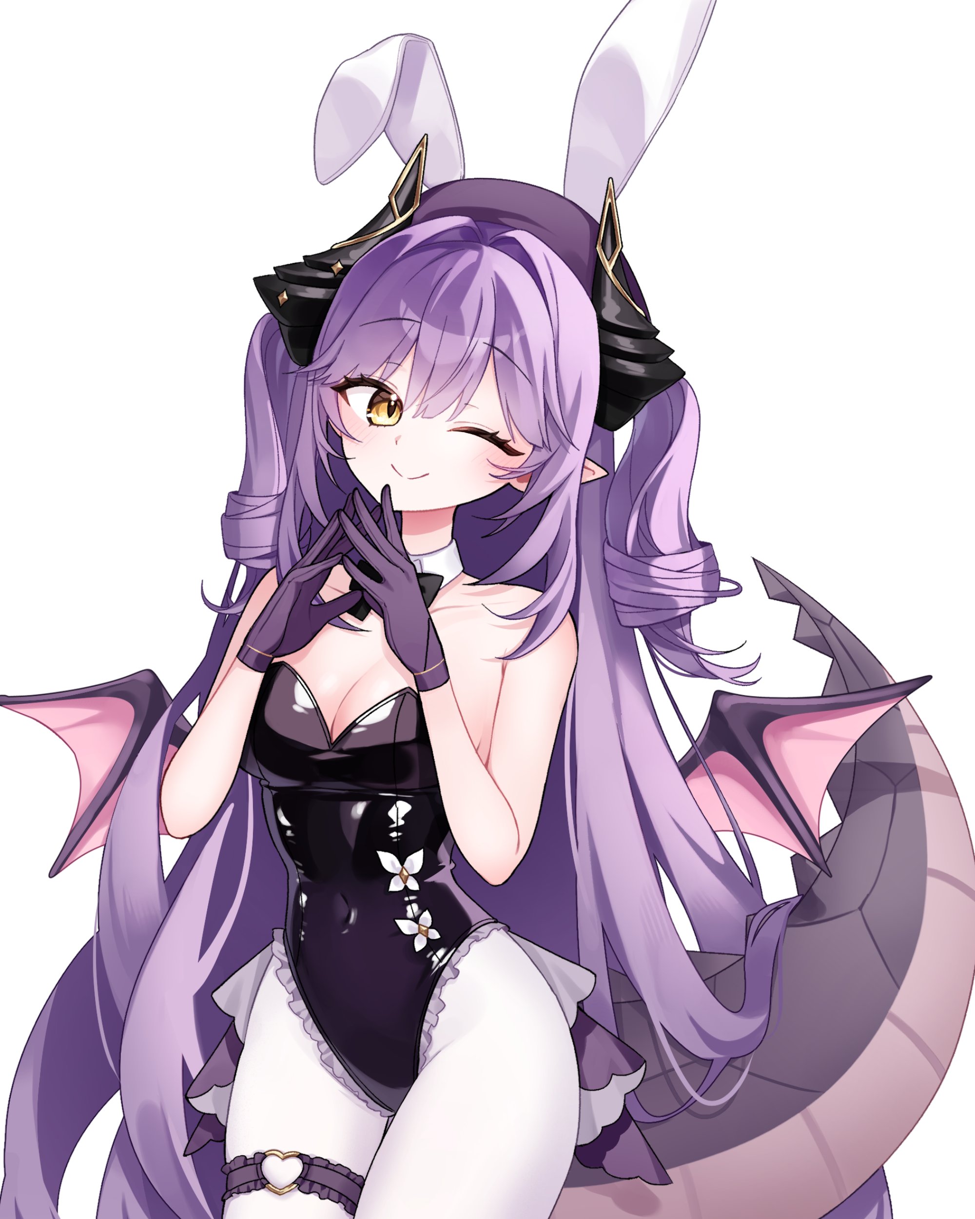 sakihane huya, stellive, absurdres, commentary, highres, symbol-only commentary, 1girl, animal ears, black bow, black bowtie, black leotard, bow, bowtie, breasts, cleavage, closed mouth, collar, covered navel, cowboy shot, detached collar, double-parted bangs, dragon girl, dragon horns, dragon tail, dragon wings, fake animal ears, frilled leotard, frilled thigh strap, frills, gloves, hair intakes, hands up, heart, heart o-ring, horns, large breasts, leotard, long hair, looking at viewer, o-ring, o-ring thigh strap, own hands together, pointy ears, purple gloves, purple hair, rabbit ears, simple background, smile, solo, split mouth, ssolchi, standing, steepled fingers, strapless, strapless leotard, tail, thigh strap, two side up, very long hair, virtual youtuber, white background, white collar, wings, yellow eyes