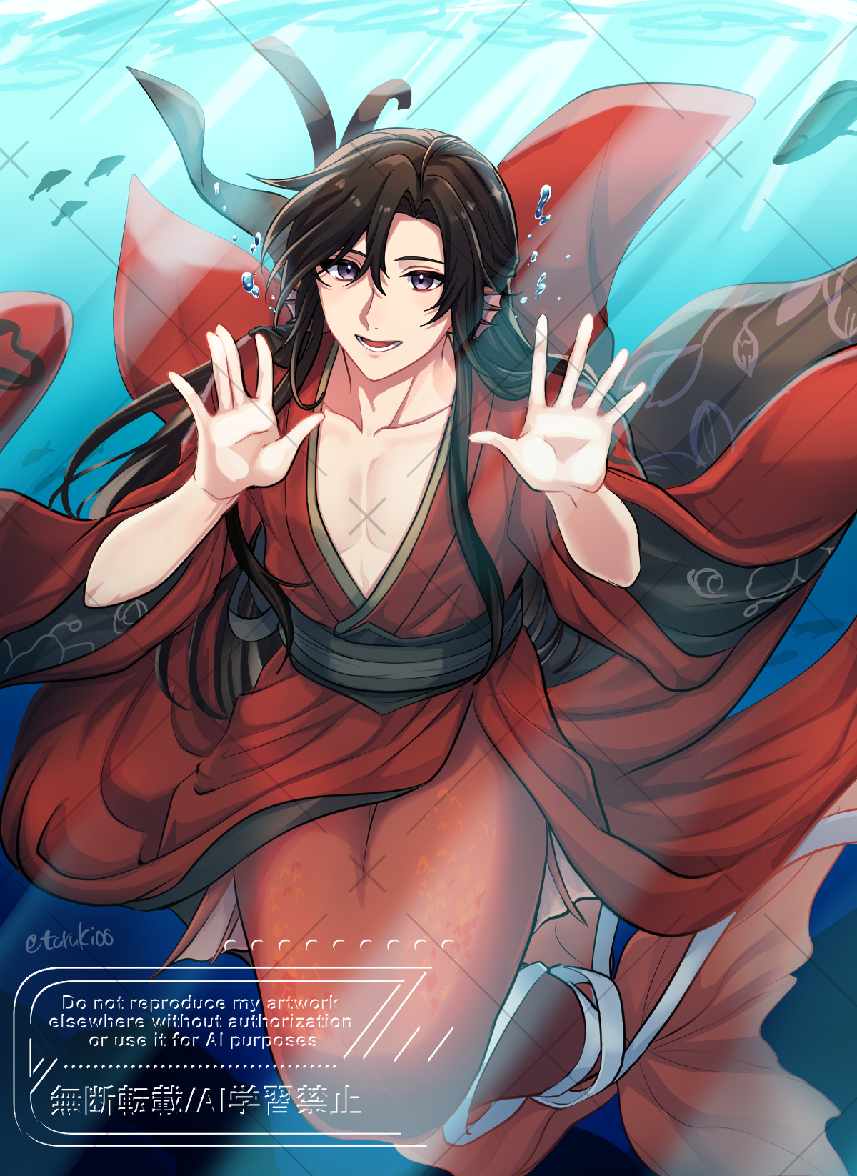 wei wuxian, wei wuxian (yiling laozu), modao zushi, commentary request, highres, 1boy, ahoge, air bubble, alternate costume, aslle, bishounen, black hair, black sash, bound, bubble, chinese clothes, fins, fish, full body, hair down, half updo, hanfu, head fins, implied yaoi, long hair, looking at viewer, male focus, merman, monster boy, monsterification, official alternate hairstyle, open mouth, pectoral cleavage, pectorals, purple eyes, red hanfu, red scales, ribbon, ribbon bondage, robe, sash, sidelocks, smile, solo, submerged, twitter username, underwater, water, watermark, watermark grid, white ribbon, wide sleeves