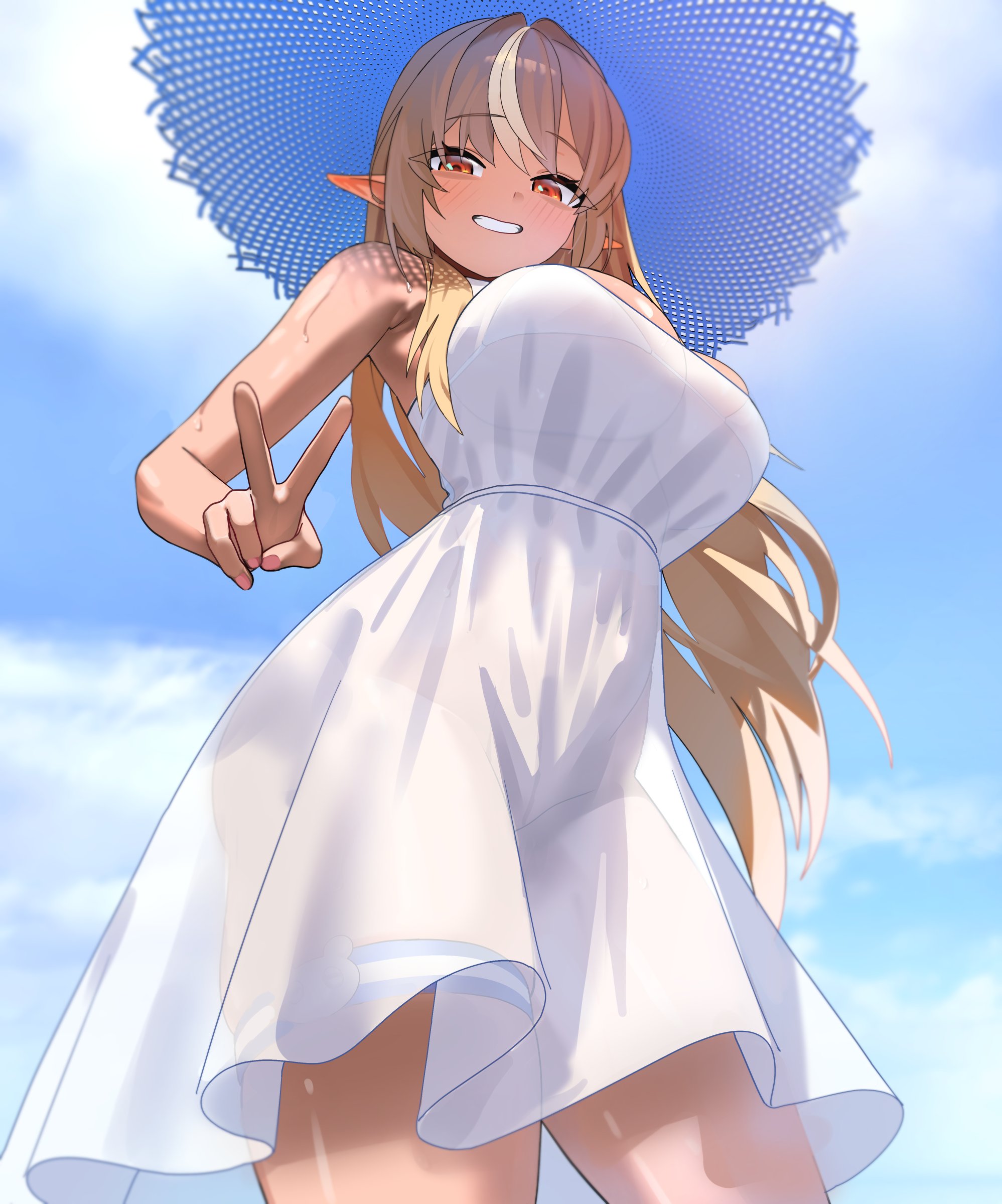 gurumie, shiranui flare, hololive, commentary, english commentary, highres, 1girl, alternate costume, bikini, bikini under clothes, blonde hair, blue sky, breasts, brown eyes, cloud, cloudy sky, cowboy shot, dark-skinned female, dark elf, dark skin, day, dress, elf, from below, grin, hat, large breasts, light blush, long hair, looking at viewer, looking down, multicolored hair, outdoors, pointy ears, see-through clothes, see-through dress, sky, sleeveless, sleeveless dress, smile, solo, standing, straw hat, streaked hair, sun hat, sundress, sweat, swimsuit, thigh strap, two-tone hair, v, very long hair, virtual youtuber, white bikini, white dress, white hair