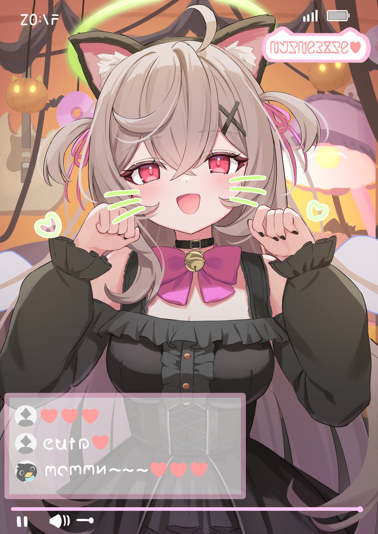 mizuhi kou, beatrixa (stella sora), stella sora, highres, animal ear hairband, animal ears, black dress, cat ear hairband, cat ears, choker, dress, fake animal ears, hairband, halloween, nail polish, paw pose, smile, stream