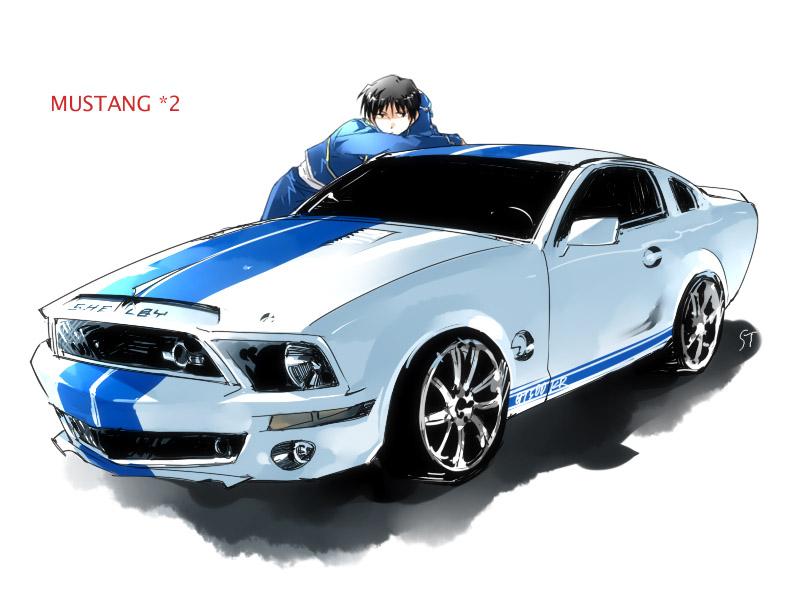 toujou sakana, roy mustang, ford, ford mustang, fullmetal alchemist, bad id, bad pixiv id, 00s, 1boy, car, ford mustang s197, gt 500, left-hand drive, male focus, motor vehicle, muscle car, name connection, object namesake, pun, shelby, shelby gt500, shelby mustang, solo, vehicle focus