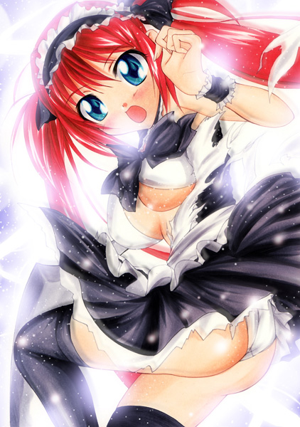 yadokari genpachirou, airi (queen's blade), airi (the infernal temptress), queen's blade, blue eyes, green eyes, headband, maid, red hair, scythe, solo, thighhighs, torn clothes, twintails, wristband, zettai ryouiki