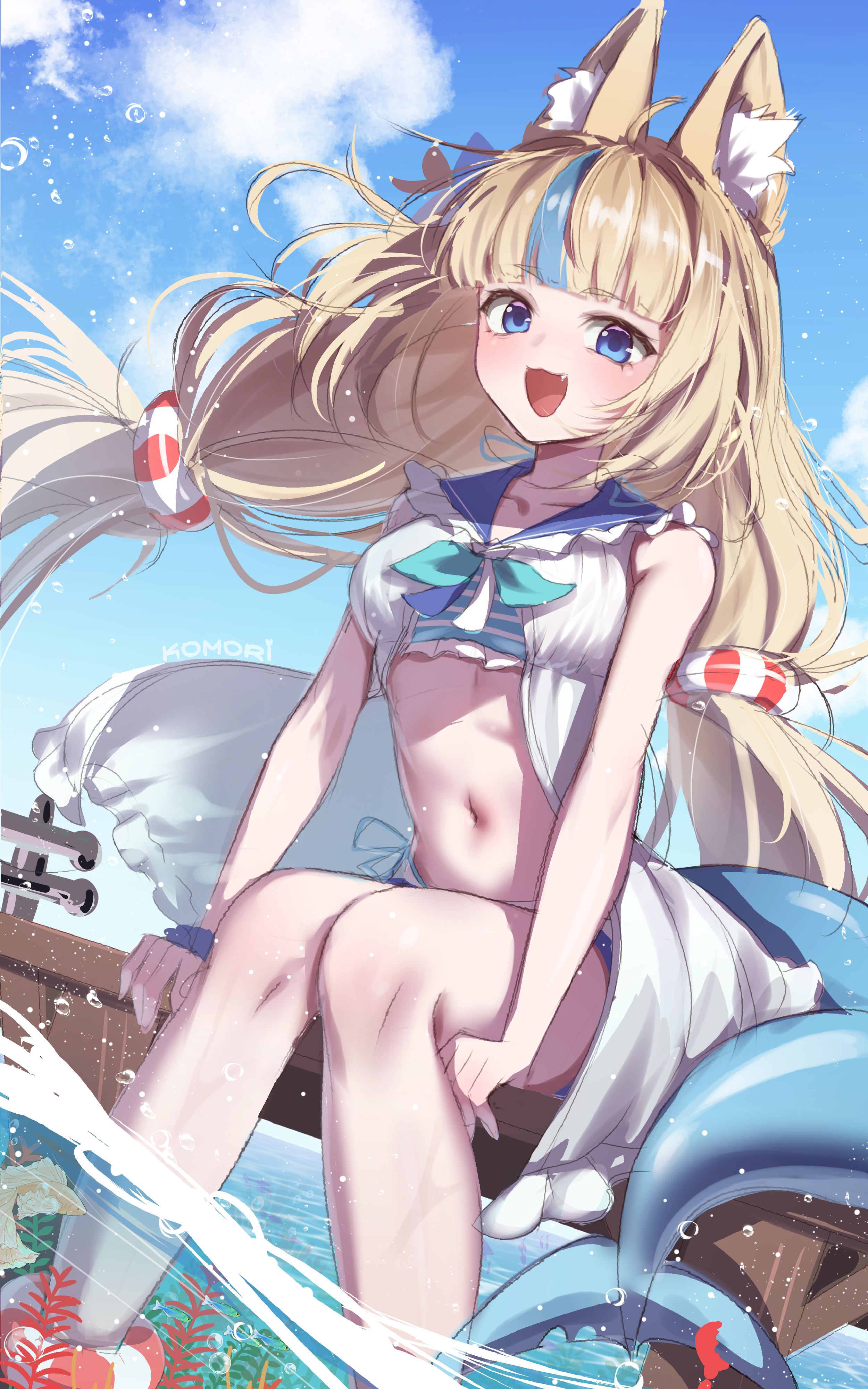 komori, sameko saba, sameko saba (1st costume), indie virtual youtuber, absurdres, commentary, english commentary, highres, 1girl, ahoge, animal ear fluff, animal ears, artist name, bare shoulders, bikini, bikini under clothes, blonde hair, blue bikini, blue eyes, blue hair, blue sailor collar, blue sky, blunt bangs, breasts, cat ears, cloud, day, fang, feet out of frame, fins, fish tail, lifebuoy hair ornament, long hair, looking at viewer, low twintails, multicolored bikini, multicolored hair, navel, ocean, open mouth, outdoors, sailor collar, single bare arm, sitting, sketch, sky, small breasts, smile, soaking feet, streaked hair, striped bikini, striped clothes, swimsuit, tail, twintails, two-tone bikini, two-tone hair, virtual youtuber, water