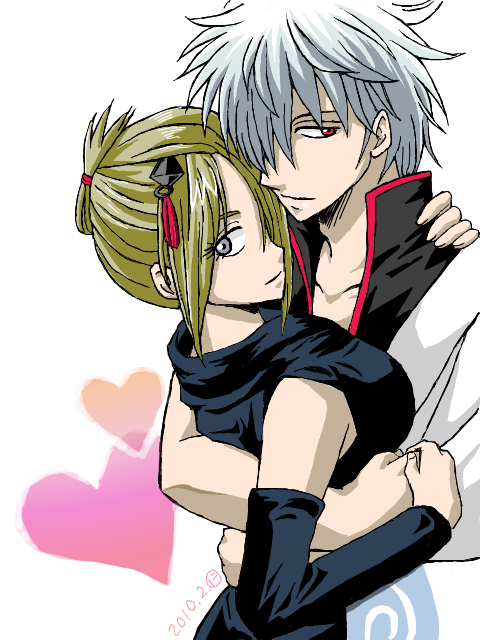 ootake nishiko, sakata gintoki, tsukuyo, tsukuyo (gintama), gintama, silver hair, 1girl, blonde hair, couple, heart, hetero, hug, red eyes