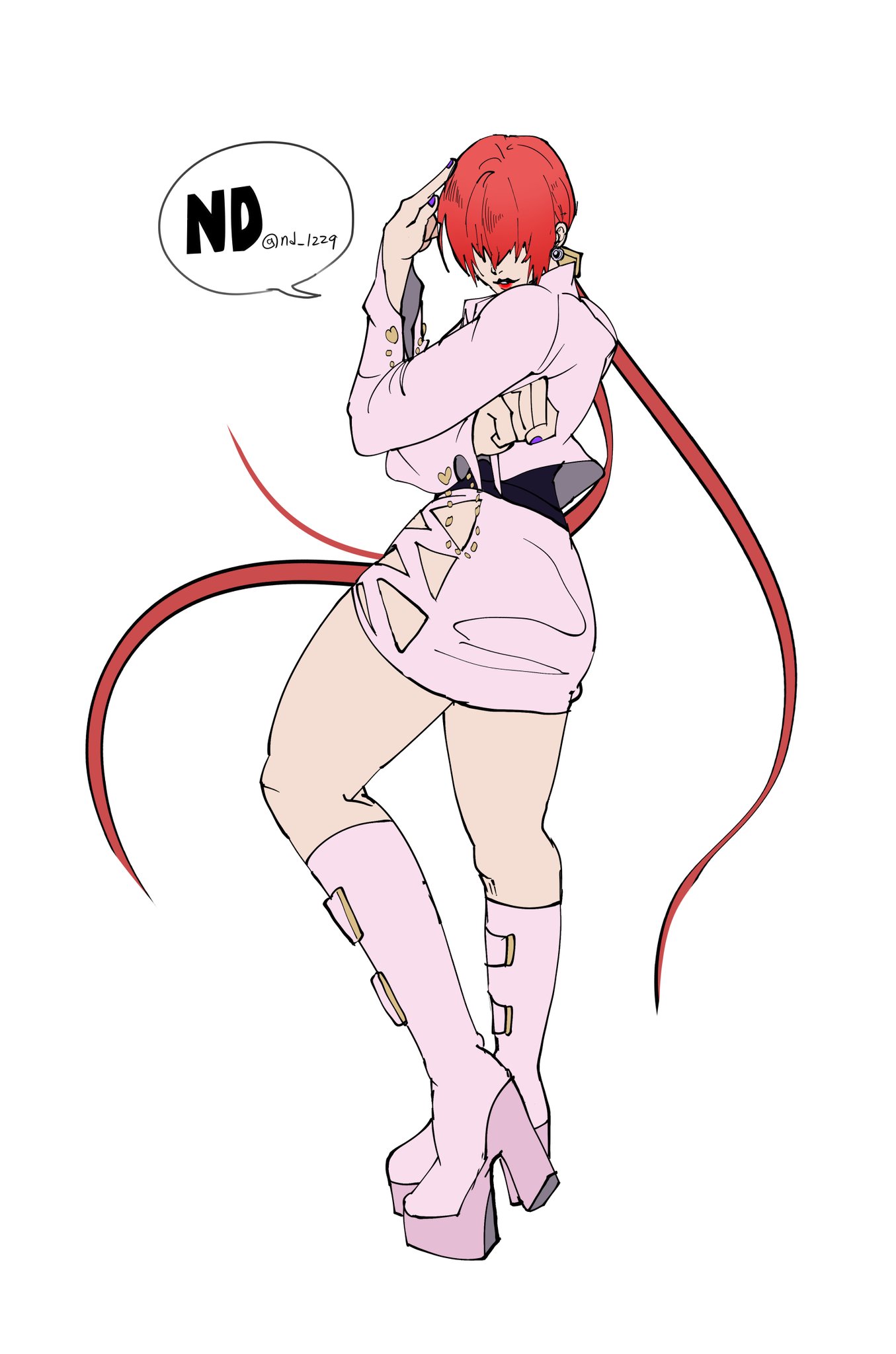 shermie (kof), the king of fighters, 1girl, ass, boots, curvy, heart, huge ass, long hair, nd 1229, pale skin, ponytail, red hair, skirt, standing, thick thighs, thighs, twintails
