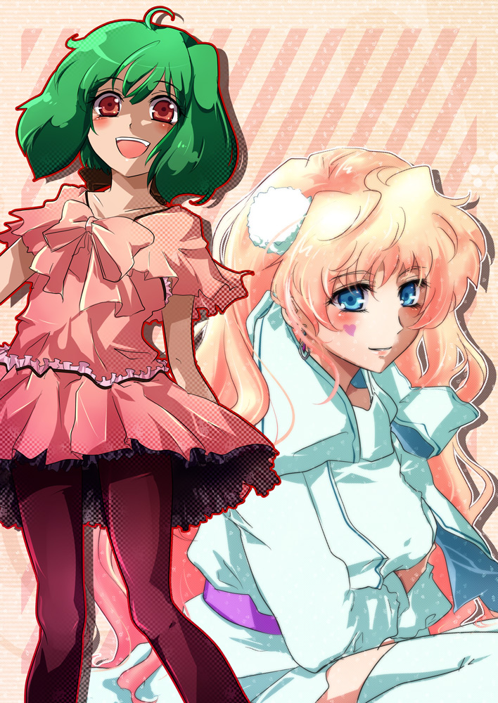 hanon (nonty), namion, ranka lee, sheryl nome, macross, macross frontier, macross frontier: itsuwari no utahime, 2girls, :d, ahoge, blonde hair, blue eyes, dress, green hair, long hair, multiple girls, open mouth, pantyhose, red eyes, short hair, smile