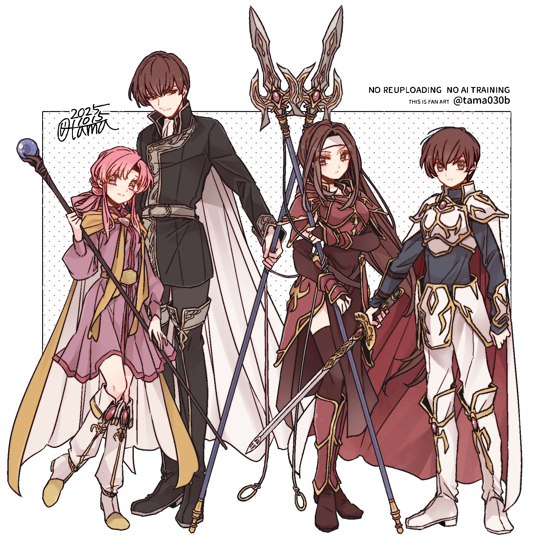 sayu030b, altena (fire emblem), ethlyn (fire emblem), leif (fire emblem), quan (fire emblem), fire emblem, fire emblem: genealogy of the holy war, nintendo, commentary request, highres, 2boys, 2girls, arm guards, armor, ben-day dots, black boots, black coat, boots, breastplate, breasts, brown eyes, brown hair, cape, closed mouth, coat, dated, dress, family, full body, gae bolg (fire emblem), greaves, headband, high collar, holding, holding polearm, holding staff, holding sword, holding weapon, knee boots, light brand, long hair, long sleeves, looking at viewer, mage staff, medium dress, multiple boys, multiple girls, pants, parted bangs, pauldrons, pink dress, pink eyes, pink hair, polearm, red armor, red cape, screentones, short hair, shoulder armor, siblings, signature, simple background, small breasts, smile, staff, standing, sword, thigh boots, two-tone cape, vambraces, watermark, weapon, white armor, white background, white boots, white cape, white headband, white pants