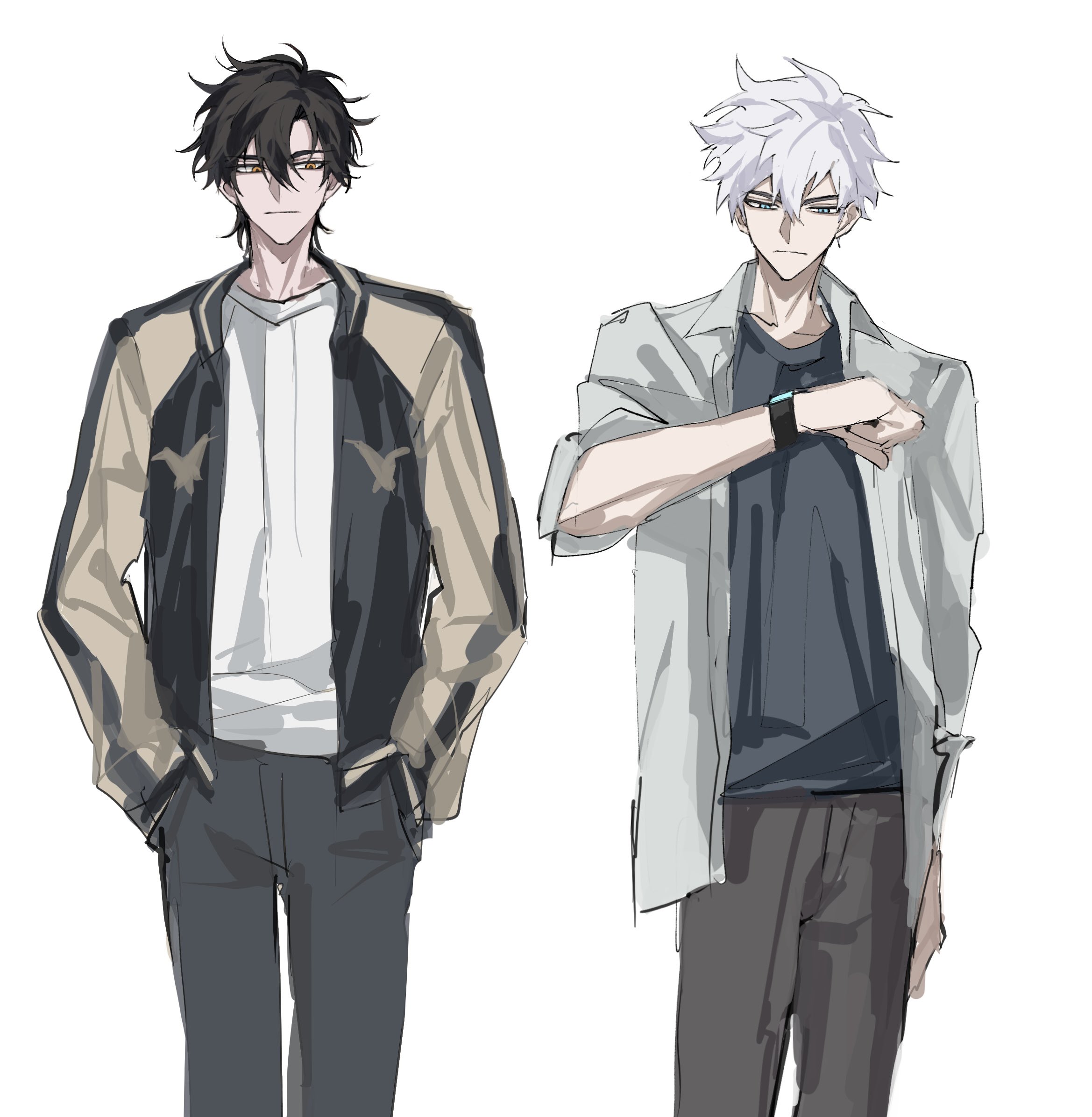 cheng xiaoshi, lu guang, shiguang dailiren, commentary request, highres, 2boys, antenna hair, black hair, black pants, black shirt, blue eyes, blue jacket, brown pants, closed mouth, collared shirt, cowboy shot, foooo goo, grey shirt, hair between eyes, hand in pocket, hands in pockets, jacket, long sleeves, looking at viewer, male focus, messy hair, multicolored jacket, multiple boys, open clothes, open jacket, pants, shirt, short hair, simple background, sketch, standing, undershirt, watch, white background, white hair, white shirt, wristwatch, yellow eyes, yellow jacket