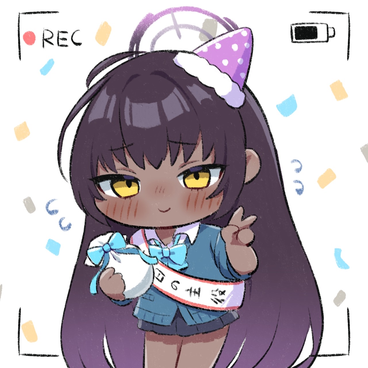 harunatsu (nekoneko haruka), karin (blue archive), karin (school uniform) (blue archive), blue archive, commentary, highres, 1girl, blue cardigan, cardigan, chibi, closed mouth, collared shirt, confetti, cowboy shot, dark-skinned female, dark skin, dress shirt, flying sweatdrops, gradient hair, halo, holding, long hair, long sleeves, looking at viewer, miniskirt, multicolored hair, official alternate costume, pleated skirt, purple hair, recording, shirt, simple background, skirt, smile, solo, standing, thighs, v, very long hair, viewfinder, white background, white shirt, yellow eyes