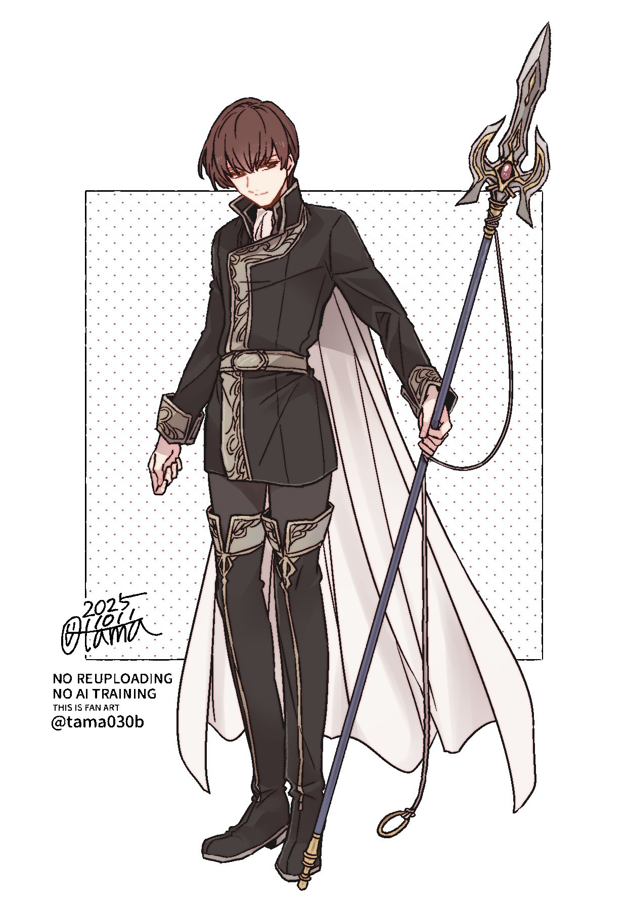 sayu030b, quan (fire emblem), fire emblem, fire emblem: genealogy of the holy war, nintendo, commentary request, highres, 1boy, ben-day dots, black boots, black coat, boots, brown eyes, brown hair, cape, closed mouth, coat, dated, full body, gae bolg (fire emblem), high collar, holding, holding polearm, holding weapon, long sleeves, male focus, polearm, screentones, short hair, signature, simple background, solo, standing, thigh boots, watermark, weapon, white background, white cape