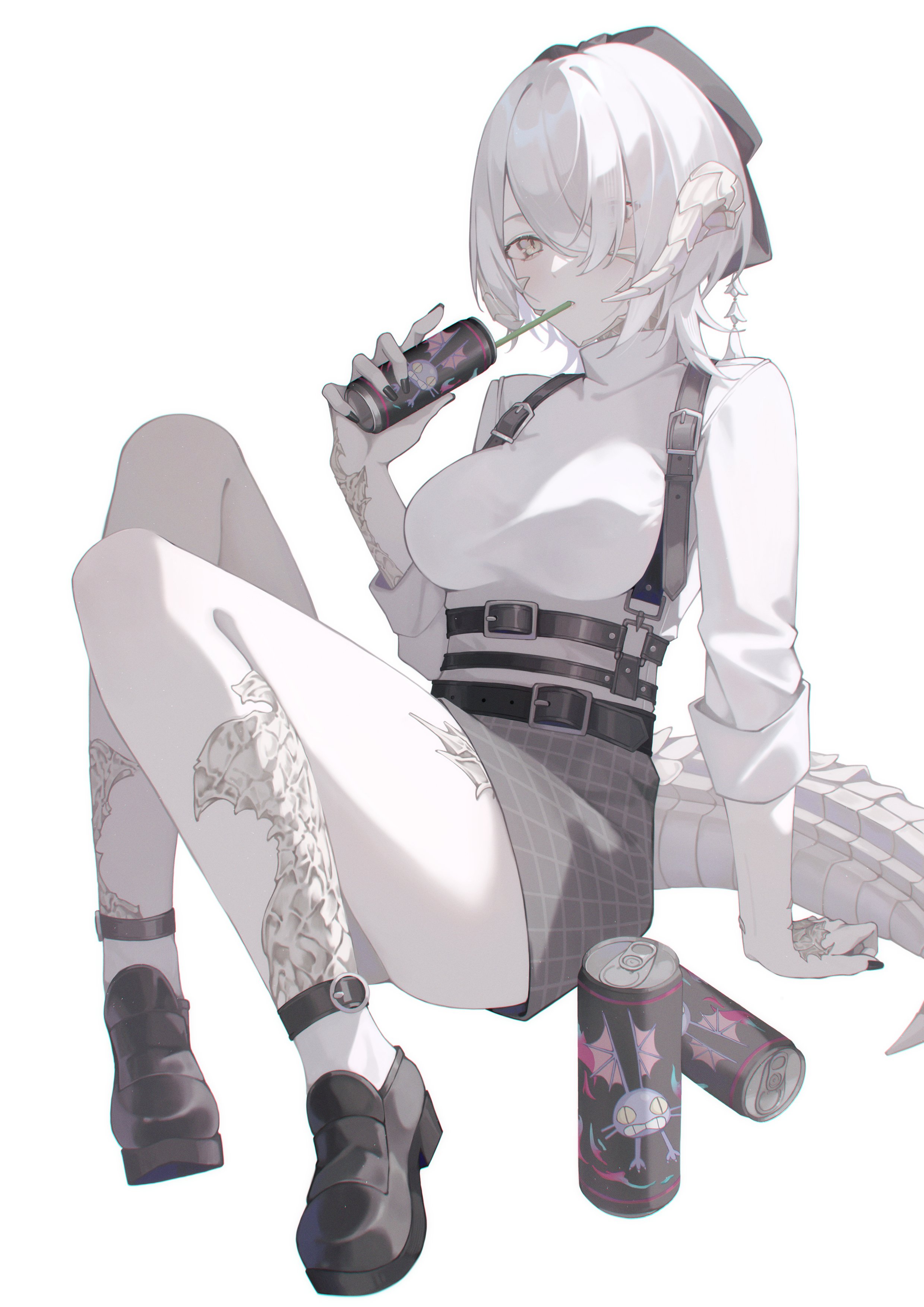m4r 142, warrior of light (ff14), final fantasy, final fantasy xiv, absurdres, hashtag-only commentary, highres, 1girl, au ra, bow, breasts, can, chest harness, dragon girl, dragon horns, dragon tail, drinking, drinking straw, drinking straw in mouth, gimme cat, grey skirt, hair bow, hair over one eye, harness, holding, holding can, horns, large breasts, loafers, long sleeves, looking at viewer, plaid clothes, plaid skirt, scales, shirt, shoes, simple background, sitting, skirt, sleeves rolled up, solo, tail, white background, white hair, white shirt