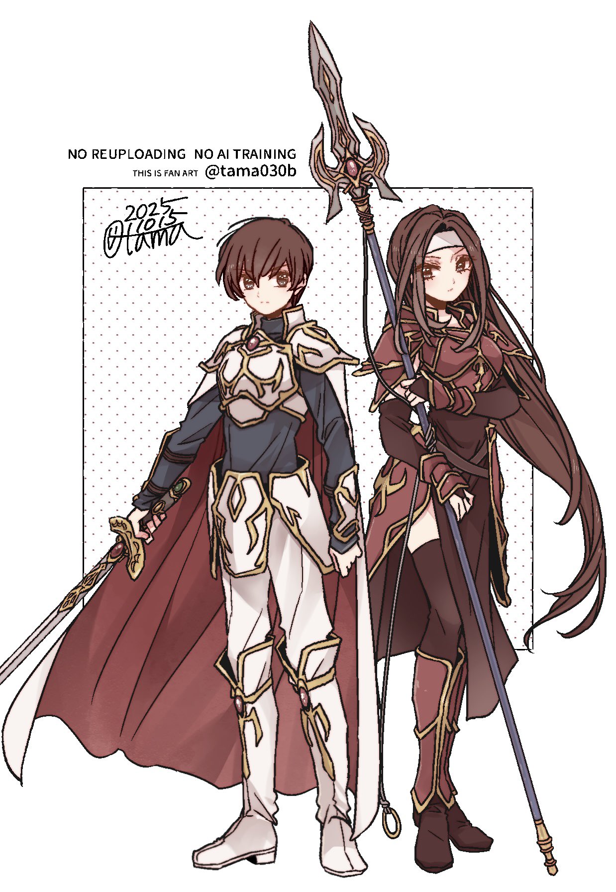sayu030b, altena (fire emblem), leif (fire emblem), fire emblem, fire emblem: genealogy of the holy war, nintendo, commentary, highres, 1boy, 1girl, arm guards, armor, ben-day dots, black gloves, black thighhighs, boots, breastplate, breasts, brown eyes, brown hair, closed mouth, dated, elbow gloves, faulds, full body, gloves, greaves, headband, holding, holding polearm, holding sword, holding weapon, knee boots, light brand, long hair, long sleeves, looking at viewer, pants, parted bangs, polearm, red armor, screentones, shoulder armor, siblings, signature, simple background, small breasts, standing, sword, thighhighs, vambraces, watermark, weapon, white armor, white background, white boots, white headband, white pants