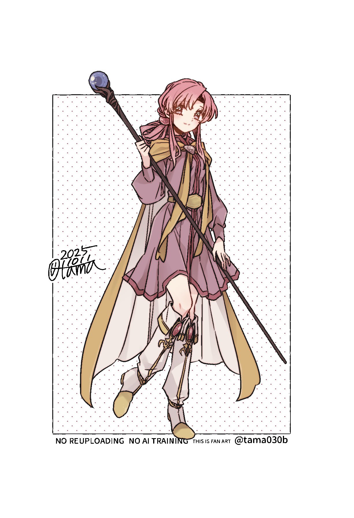 sayu030b, ethlyn (fire emblem), fire emblem, fire emblem: genealogy of the holy war, nintendo, commentary request, highres, 1girl, belt, ben-day dots, boots, breasts, cape, closed mouth, dated, dress, full body, holding, holding staff, knee boots, long hair, long sleeves, looking at viewer, mage staff, medium dress, pink dress, pink eyes, pink hair, screentones, sidelocks, signature, simple background, small breasts, smile, solo, staff, standing, standing on one leg, two-tone cape, watermark, white background, white boots, white cape