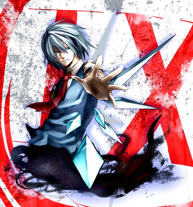 sizu, cirno, embodiment of scarlet devil, touhou, 1boy, blue hair, circled 9, genderswap, genderswap (ftm), ice, male focus, necktie, outstretched arm, outstretched hand, smirk, solo, wings
