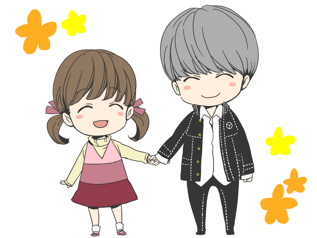 satoo (pixiv), doujima nanako, narukami yu, atlus, persona, persona 4, brown hair, child, closed eyes, school uniform, twintails