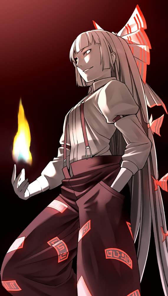 panko (artist), rui tamachi, fujiwara no mokou, touhou, 1girl, female focus, fire, hair ribbon, hand in pocket, long hair, pale skin, red theme, ribbon, smile, smirk, solo, standing, suspenders, very long hair