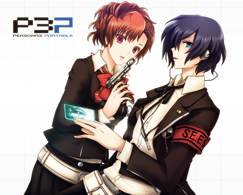 uka (color noise), shiomi kotone, yuuki makoto (persona 3), atlus, persona, persona 3, persona 3 portable, bad id, bad pixiv id, aqua eyes, armband, black hair, blue eyes, blue hair, bow, brown hair, card, evoker, gun, hair ornament, hairpin, headphones, holding, holding card, holster, mp3 player, neck ribbon, pink eyes, red eyes, red hair, ribbon, school uniform, short hair, weapon
