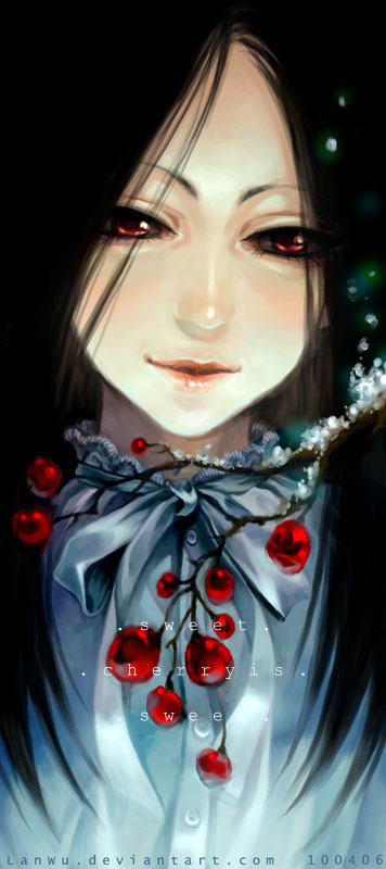 lan wu, original, 1girl, black hair, bow, cherry, female focus, food, fruit, long hair, red eyes, ribbon, solo