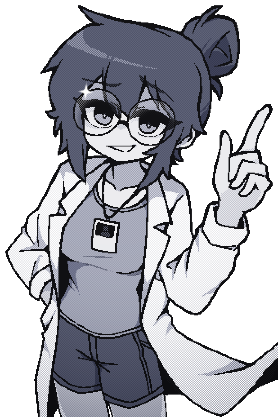 wannabepyx, original, commission, commissioner upload, highres, 1girl, dutch angle, hair bun, id card, lab coat, looking at viewer, monochrome, morgan (teuthidan), pixelated, pointing, pointing up, round eyewear, short hair, single hair bun, smile, twinkle eye
