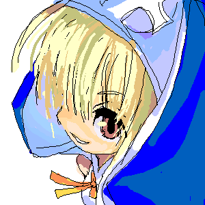 bridget (guilty gear), guilty gear, guilty gear xx, bad id, commentary request, lowres, 1boy, blonde hair, blue veil, jaggy lines, long hair, orange ribbon, purimu (gamers channel 99), red eyes, ribbon, simple background, smile, solo, trap, upper body, veil, white background