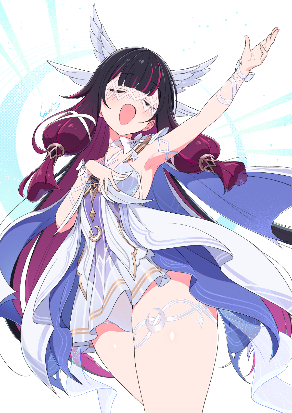 kamuraaa 615, columbina (genshin impact), genshin impact, commentary request, highres, 1girl, black hair, blush, breasts, closed eyes, dress, eye mask, feathered wings, hair ornament, head wings, long hair, mask, multicolored hair, multiple wings, music, open mouth, panties, purple hair, see-through clothes, see-through mask, simple background, singing, small breasts, solo, thick thighs, thighs, two-tone hair, underwear, very long hair, white background, white dress, white mask, white panties, white wings, wing hair ornament, wings, x-shaped eyewear
