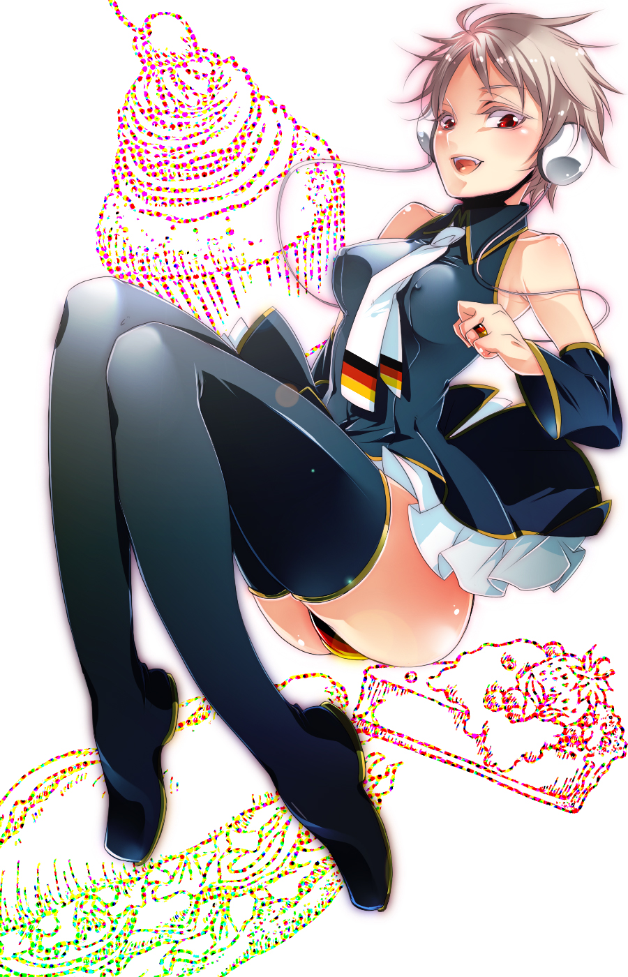 nou (suparna), prussia (hetalia), axis powers hetalia, highres, 1girl, breasts, brown hair, covered erect nipples, female focus, food, genderswap, genderswap (mtf), headphones, necktie, panties, red eyes, short hair, skirt, solo, square-end necktie, sweets, thighhighs, underwear