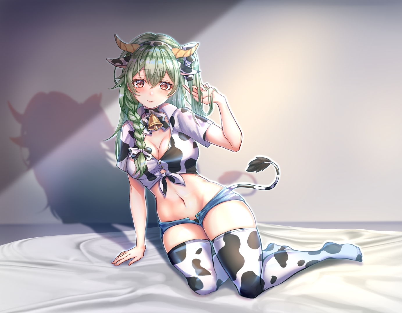 huanxiang koudai meow, indie virtual youtuber, artist request, chinese commentary, commentary request, second-party source, 1girl, animal ears, animal print, bell, bikini, blush, bow, braid, breasts, cleavage, cow ears, cow girl, cow horns, cow print, cow print bikini, cow print thighhighs, cow tail, fake animal ears, full body, green hair, hair between eyes, hair bow, hand in own hair, horns, large breasts, long hair, looking at viewer, micro shorts, navel, neck bell, no shoes, print bikini, print thighhighs, shadow, shirt, short shorts, shorts, sitting, smile, solo, swimsuit, tail, thighhighs, thighs, tied shirt