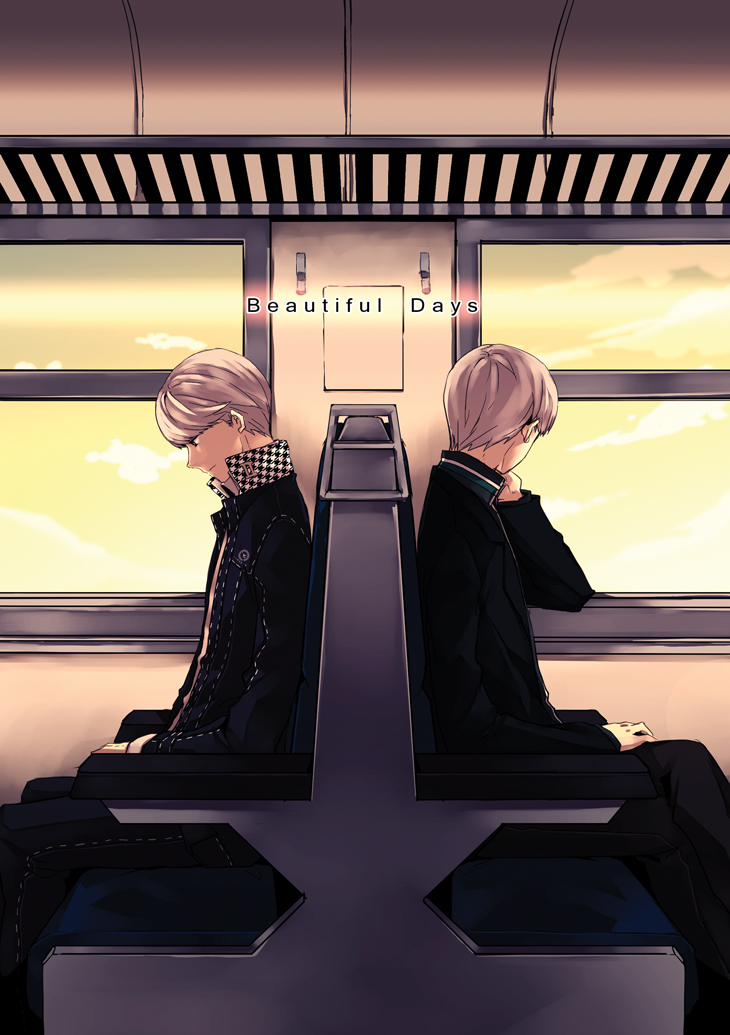 saeuchobab, tonkotsu ramen, narukami yu, atlus, persona, persona 4, 2boys, black eyes, blazer, dual persona, grey hair, jacket, multiple boys, school uniform, time paradox, train, train interior, twilight