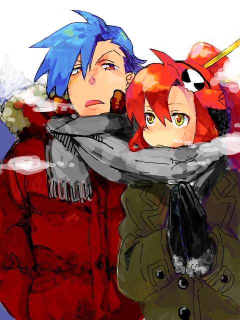 zukki (suzukio), kamina (ttgl), yoko littner, tengen toppa gurren lagann, 00s, 1boy, 1girl, alternate costume, blue hair, breath, casual, coat, cold, contemporary, couple, hetero, red hair, scarf, shared clothes, shared scarf, tegaki