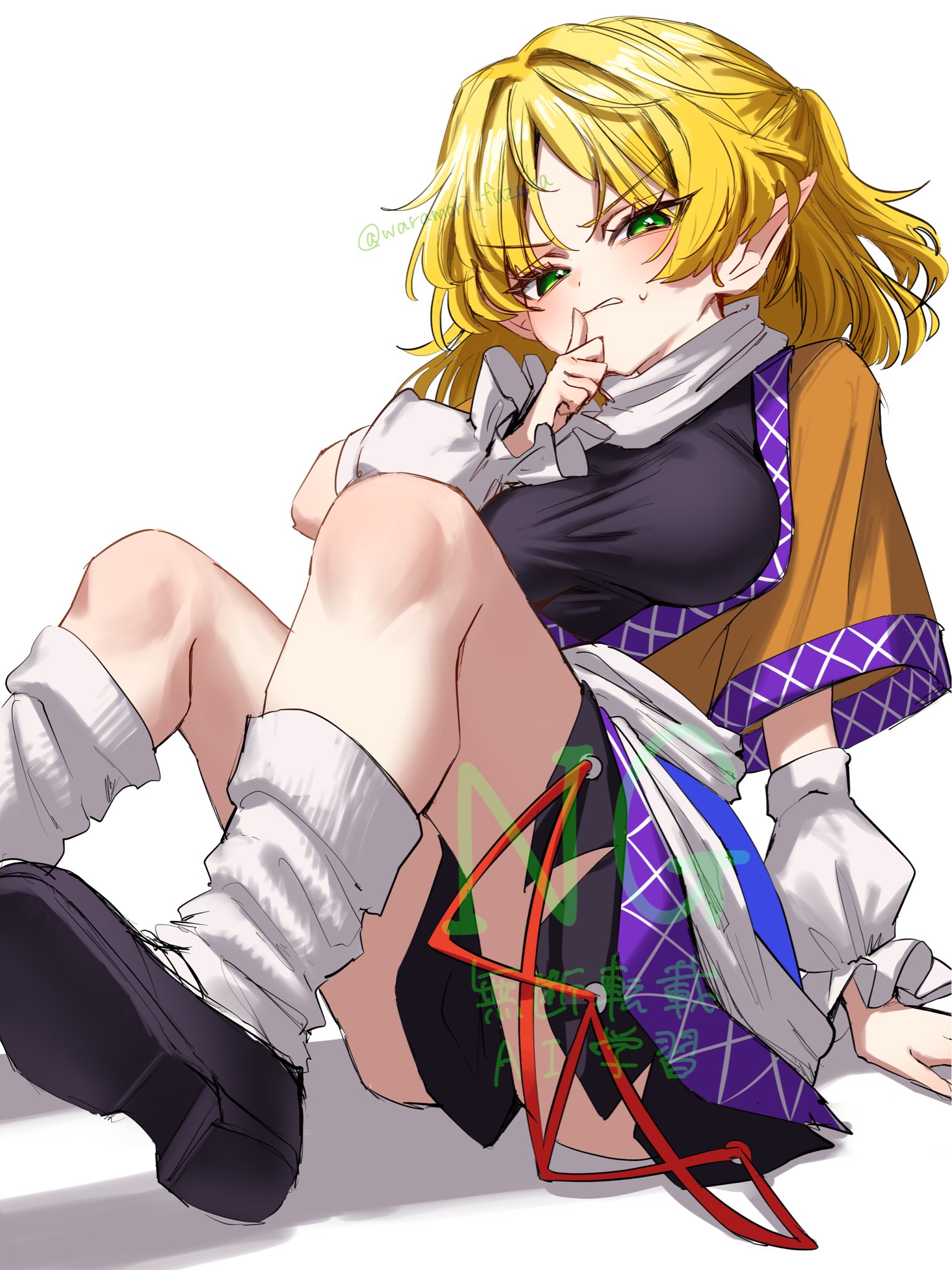 waramori fuzuka, mizuhashi parsee, touhou, commentary, highres, black shirt, black shoes, blonde hair, blush, breasts, brown jacket, detached sleeves, green eyes, jacket, legs, looking at viewer, loose socks, medium breasts, medium hair, neckerchief, on floor, parted lips, pointy ears, shirt, shoes, short sleeves, sitting, skirt, socks, sweatdrop, thighs, thumb to mouth, twitter username, watermark, white neckerchief, white socks