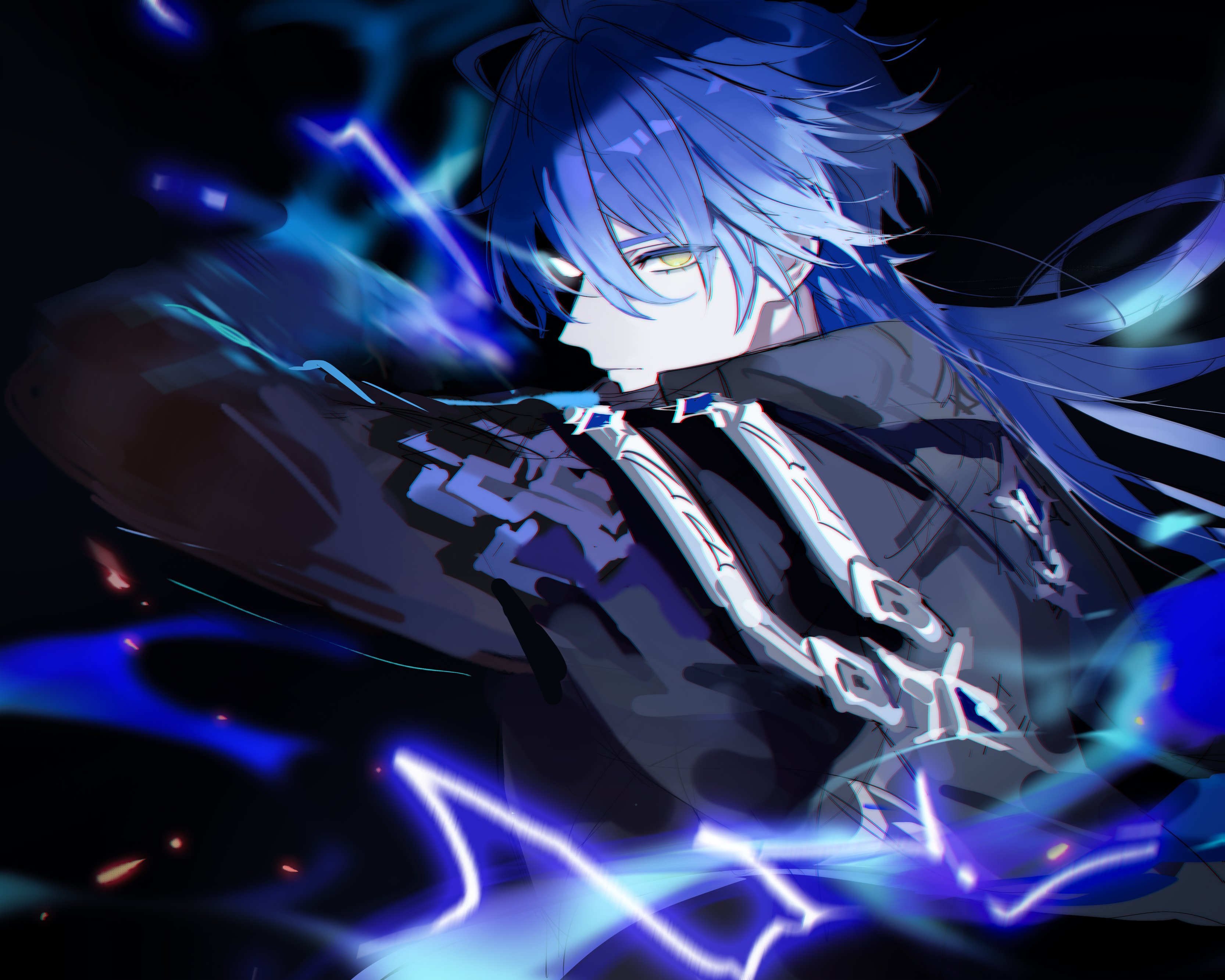 fractalmagnolia, flins (genshin impact), genshin impact, absurdres, highres, unfinished, 1boy, arm up, black background, black capelet, capelet, closed mouth, electricity, floating hair, glowing, glowing eye, gradient hair, long sleeves, male focus, multicolored hair, solo, upper body, yellow eyes