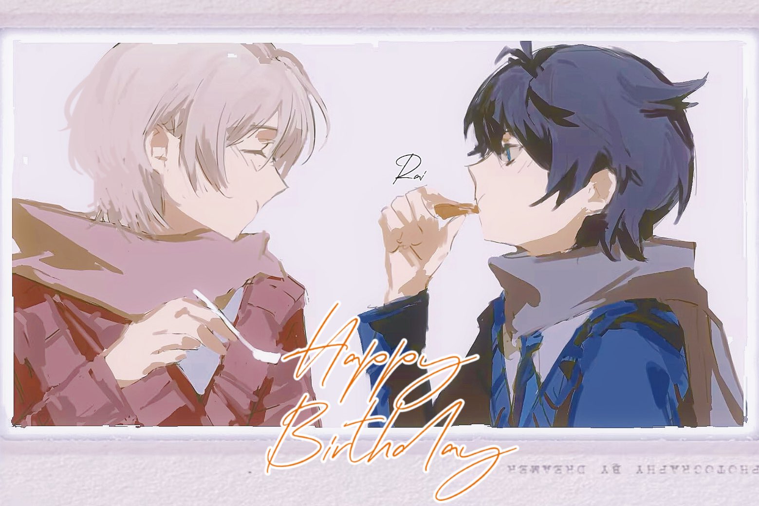 akinashi haru, tatsunami shion, saihate eki, commentary request, 2boys, anesthetic01, closed eyes, eating, from side, happy birthday, holding, holding spoon, looking at another, male focus, multiple boys, necktie, portrait, profile, scarf, short hair, spoon, sweater